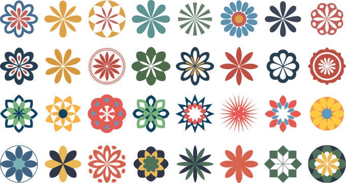 Geometric floral vector icons set featuring abstract retro flower motifs and symmetrical design patterns for decorative graphic printing