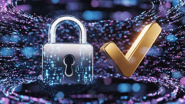 A glowing padlock and golden checkmark symbolize cybersecurity, authentication, and the resilient trust anchoring digital systems in a connected world.
