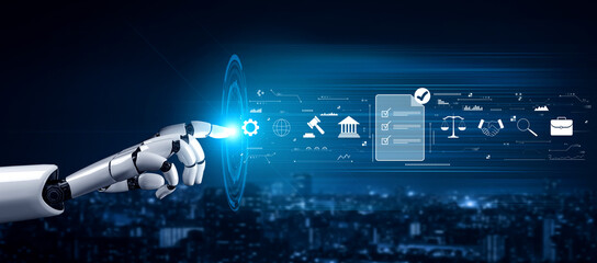 Obraz premium Using AI for regulatory compliance and business legal agreement analysis. An AI concept for meeting standards and reviewing contracts. Motif