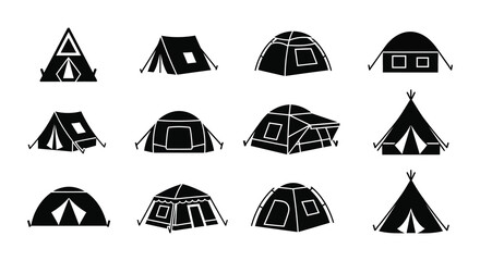 Collection of various tent silhouettes against a white background silhouette © MdKabir