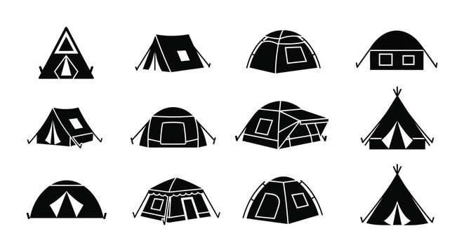 Collection of various tent silhouettes against a white background silhouette