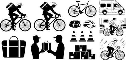 Bicycle delivery courier silhouette icons set featuring food bags boxes van traffic cones and riders for express shipping service and logistics industry © MdAbdur