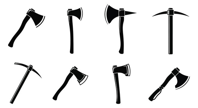 Collection of various axes and pickaxes in black silhouette