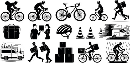 Bicycle delivery courier silhouette icons set featuring food bags boxes van traffic cones and riders for express shipping service and logistics industry © MdAbdur