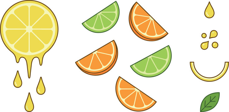 Citrus Fruit Slice Vector Element Set Featuring Dripping Lemon Orange and Lime Wedges with Fresh Juice Drops and Green Leaf for Beverage Designs