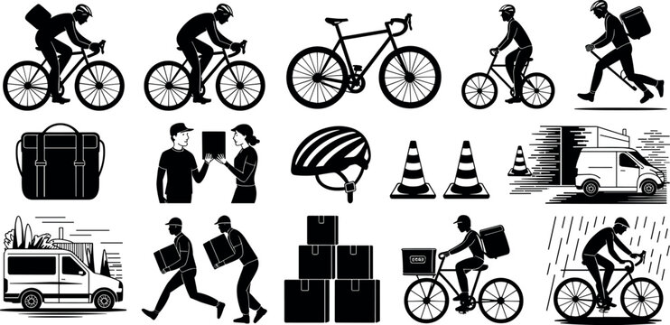 Bicycle delivery courier silhouette icons set featuring food bags boxes van traffic cones and riders for express shipping service and logistics industry