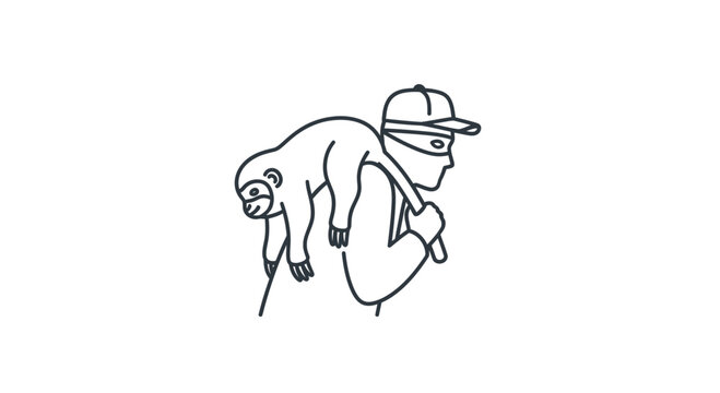 Thief carrying a sloth on his shoulder, cartoon style, funny concept