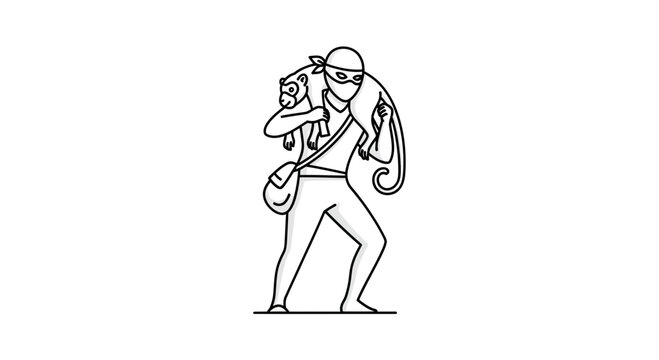 Thief carrying stolen monkey, masked robber with loot, cartoon illustration