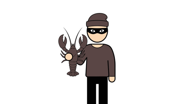 Thief in mask steals lobster, crime concept, funny illustration