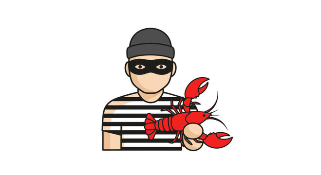 Thief in mask stealing a red lobster, crime and illegal fishing concept