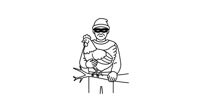 Thief in mask steals chicken from tree branch, illustration