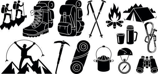 Mountaineering and hiking silhouette icons set with climbers mountains tent backpack boots trekking poles binoculars and campfire for wilderness adventure and camping © MdAbdur