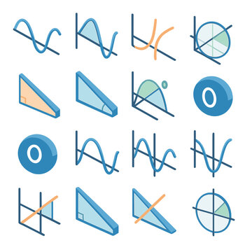 Collection of isometric math and science icons including graphs, triangles, and circles