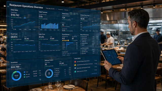 Restaurant Manager Analyzing Business Operations and Sales Data on Futuristic Digital Dashboard and Tablet