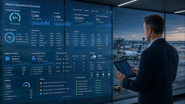 Airport Operations Manager Monitoring Real-Time Flight Data and Logistics on Digital Dashboard HUD
