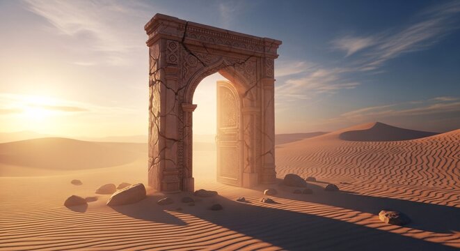 Ancient stone arch standing in a vast desert at sunset