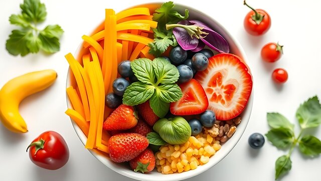 A bowl of colorful heart-healthy foods arranged artistically on a white surface.