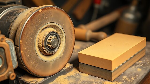 A well-used grinding wheel and sharpening stones on a workbench with metallic dust.