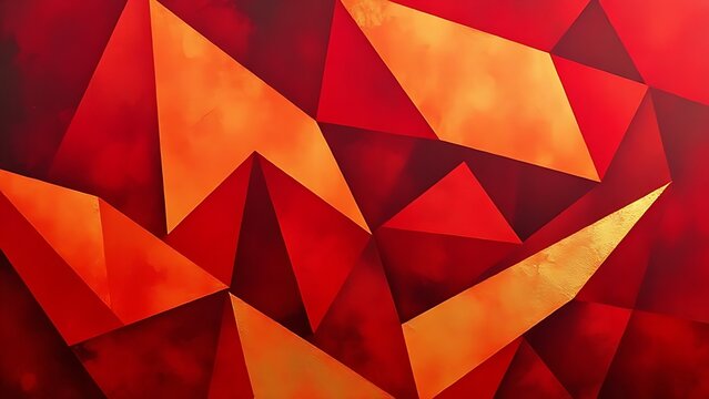 Deep red and gold geometric patterns flowing like dress movement, abstract composition with warm palette and soft textures.
