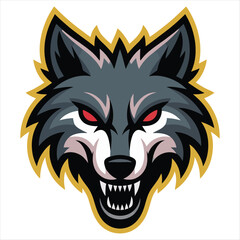 Fototapeta premium Fierce grey wolf head with red eyes and yellow outline