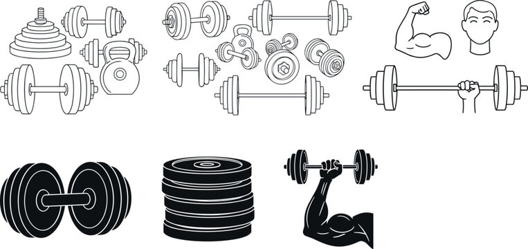 Gym Fitness Weightlifting Vector Set Featuring Black Silhouettes and Outline Icons of Dumbbells Barbells Weight Plates and Flexing Muscle Arms