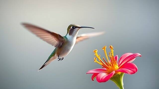 Hummingbird with blurred wings hovering before vibrant flower.