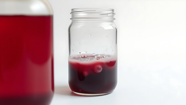 Red grape juice in a glass jar turning cloudy with bubbles forming.