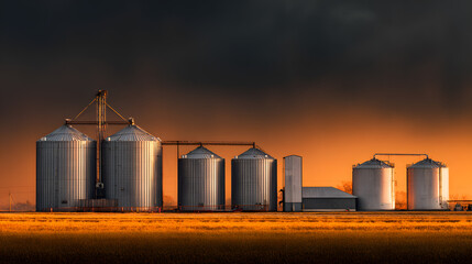 Obraz premium Grain silos at sunset agricultural storage facility rural landscape