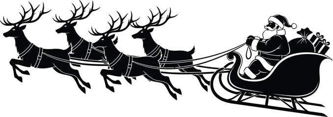 Santa claus in sleigh pulled by four reindeer black silhouette illustration © ALO