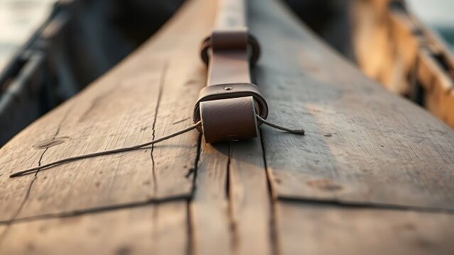 A worn leather strap draped across an ancient wooden oar in soft morning light.