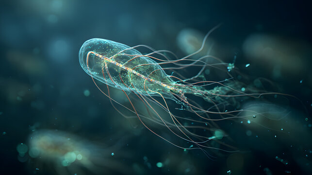 Microscopic flagellated microorganism floating in blue fluid environment