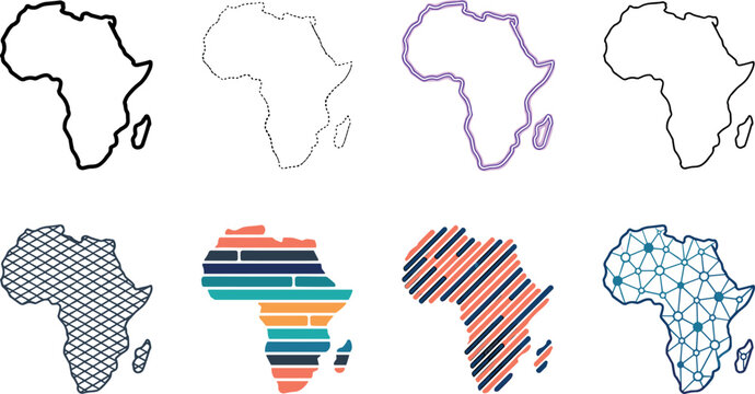 Africa Map Silhouette Icon Set Featuring Minimalist Line Art Dotted Border Colorful Stripes Abstract Patterns and Digital Network Connections