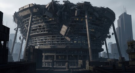 Fototapeta premium A large, circular, heavily damaged building stands in a desolate, post-apocalyptic city landscape, with debris and structural ruins.