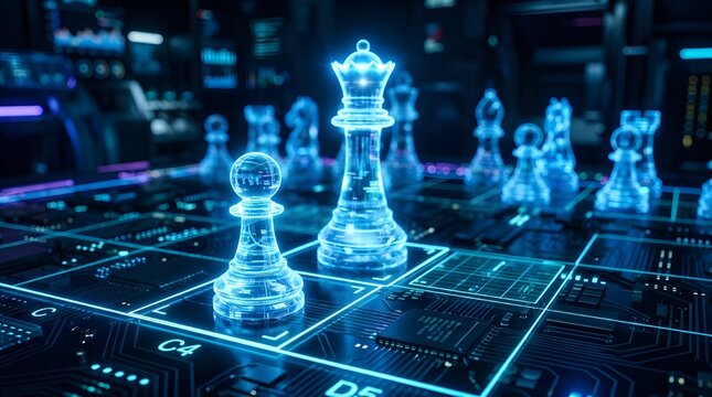 3D chess pieces glowing on digital circuit board with futuristic technology background