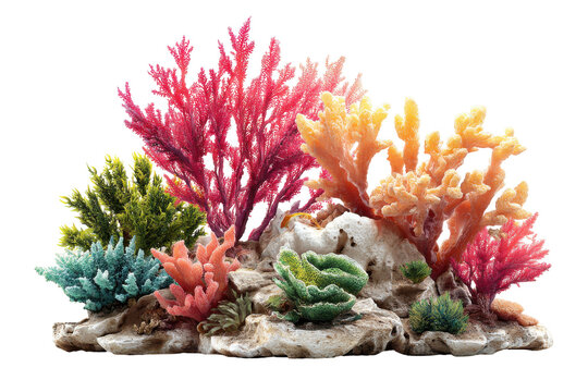 Vibrant coral reef decoration isolated on transparent background.