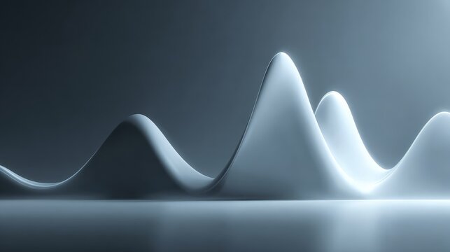 Minimalist 3D abstract landscape with smooth wave-like hills in cool gray and blue tones, reflective surface and soft lighting. Futuristic background for tech, data visualization, and premium branding