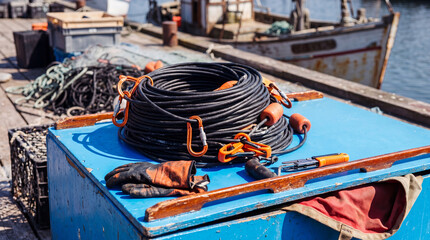 Coiled heavy-duty black fishing rope with orange carabiners and buoys neatly arranged on a vibrant blue wooden surface. © Dayne
