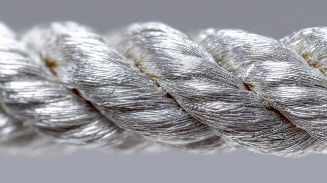 Close-up of a thick, twisted gray rope with a rough, fibrous texture, showcasing detailed strands and interwoven structure against a plain light background.