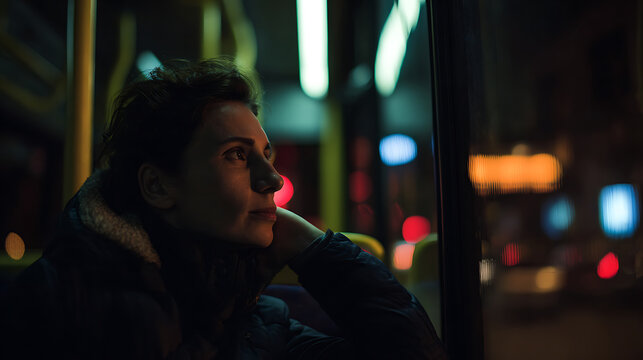 Thoughtful woman gaze outside bus window at night city lights, reflecting on travel, journey, or urban life, with bokeh background. Dark mood portrait