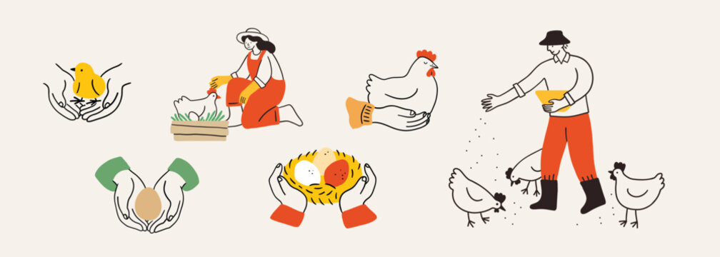 Set of characters, hands holding hen, chicken, egg, nest. Local farmer, taking care of farm birds, eggs. Perfect for healthy food designs, poultry themes, or natural product concepts. Local doodle.