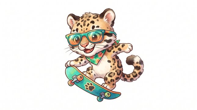 International Clouded Leopard Day Cool Skateboarding Clouded Leopard Chibi Jungle Animal Sunglasses Cartoon Action Mascot Illustration Isolated White Background