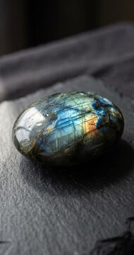 Iridescent labradorite gemstone on dark slate surface