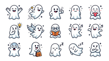 Fototapeta premium Cute Ghost Character Collection Kawaii Halloween Spirit Mascot Vector