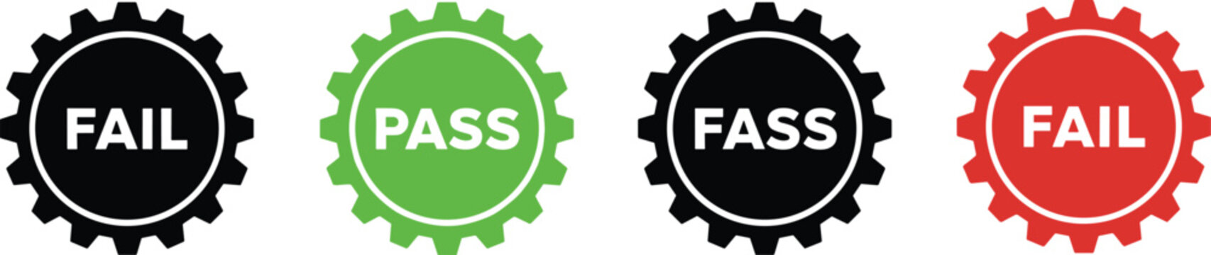 Gear icon illustrations with pass fail text, color-coded outcomes, classification system, and vector design concepts