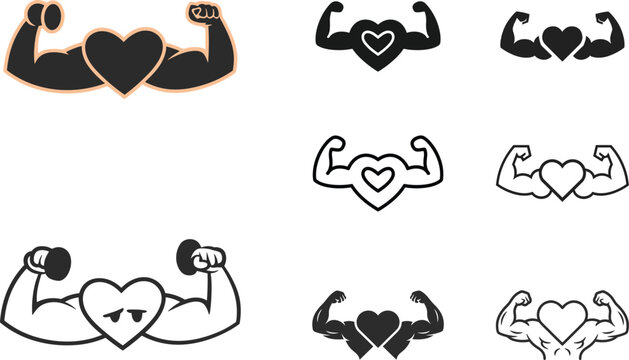 Strong heart muscle vector icon set featuring fitness arm biceps bodybuilder training and cardiovascular health concept