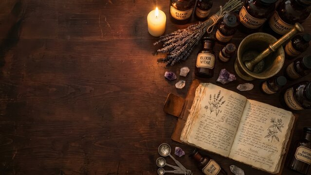 Vintage Apothecary Desk with Herb Journal Bottles and Candle