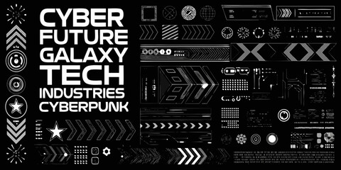 Fototapeta premium cyberpunk graphic elements collection futuristic technology shapes in black and white