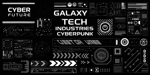 Fototapeta premium cyberpunk vector elements collection with futuristic tech and industrial design on black