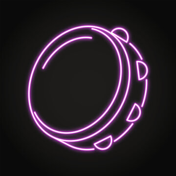 Tambourine neon icon. Percussion musical instrument symbol. Vector illustration.
