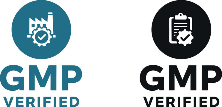 GMP Verified Certification Badge Icons for Manufacturing Compliance and Quality Assurance